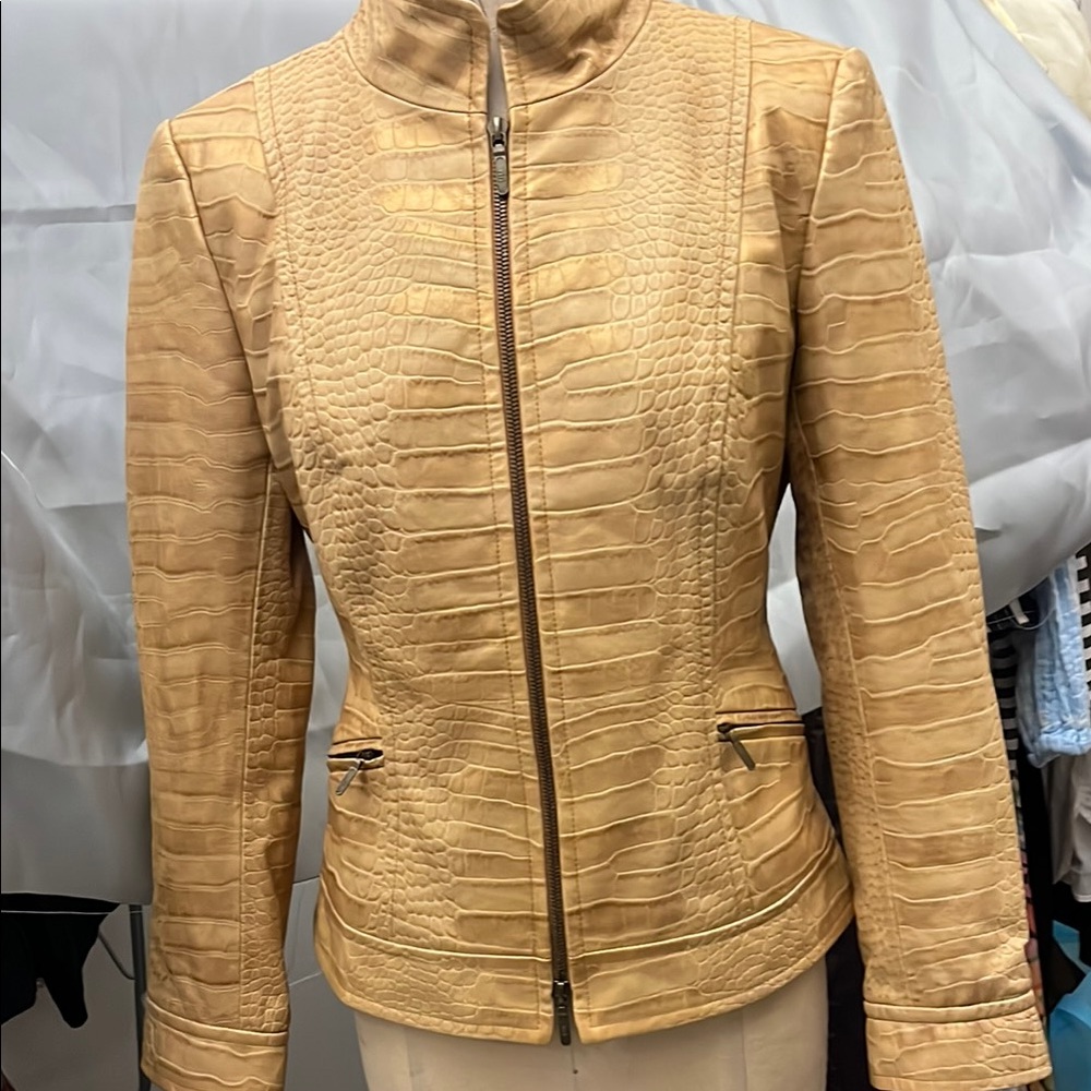 Dana Buchman Tan Crocodile-Embossed Leather Jacket